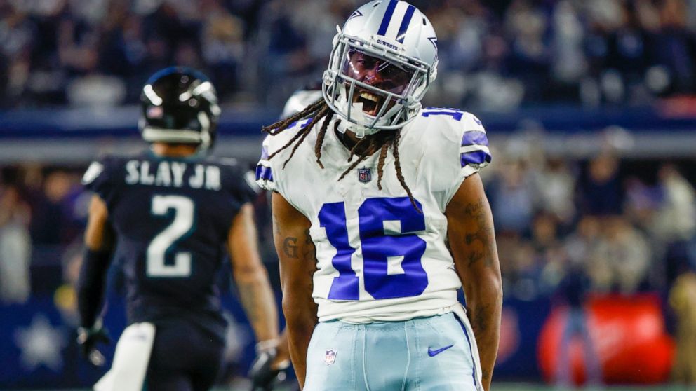 Dallas Cowboys' T.Y. Hilton celebrates a catch during the second half of an NFL football game against the Philadelphia Eagles Saturday, Dec. 24, 2022, in Arlington, Texas. (AP Photo/Ron Jenkins)