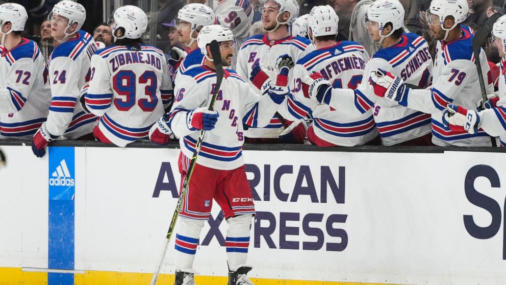 New York Rangers' Vincent Trocheck celebrates his goal during the second period of an NHL hockey game against the Los Angeles Kings, Tuesday, Nov. 22, 2022, in Los Angeles. (AP Photo/Jae C. Hong)