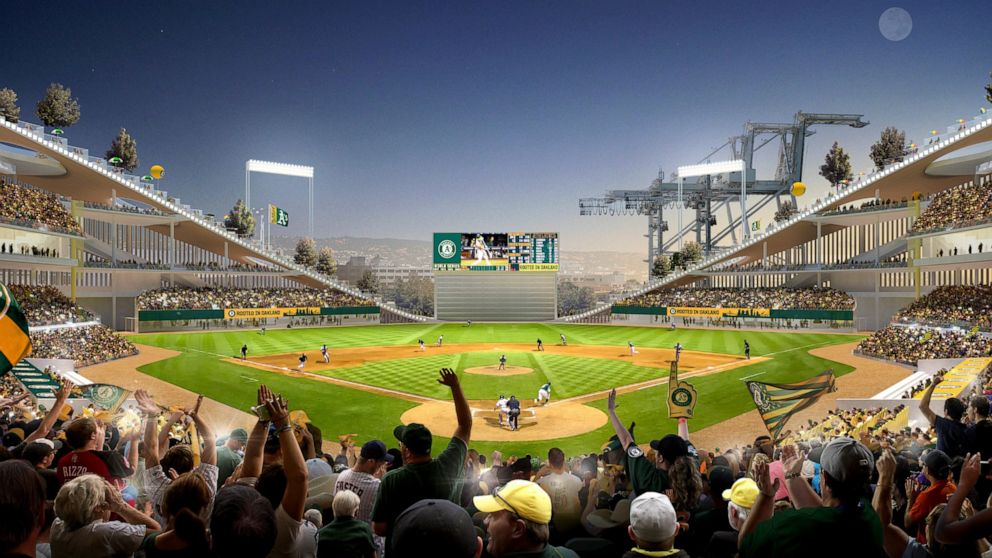 In this artists rendering provided by the Oakland Athletics is a home plate view of their proposed ballpark at Howard Terminal near Jack London Square in Oakland, Calif. The San Francisco Bay and Development Commission are to vote Thursday, June 30, 