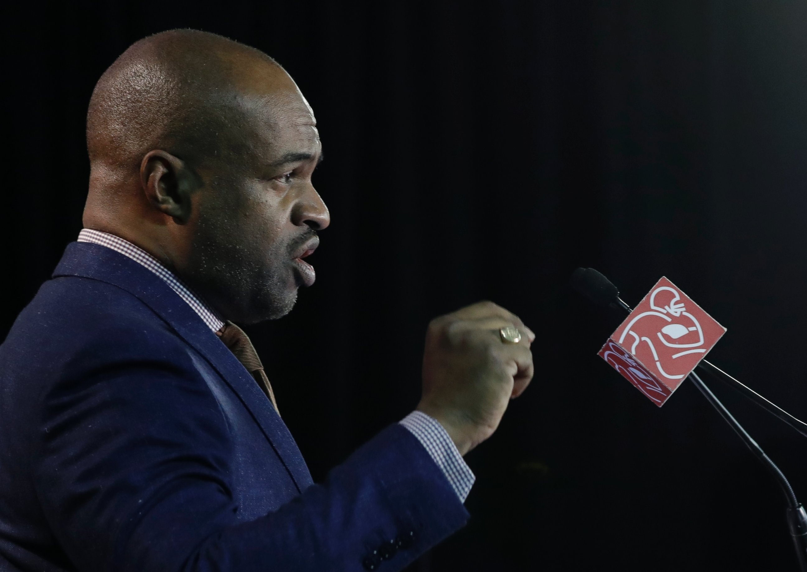 DeMaurice Smith, executive director of the NFL Players Association, speaks during a news conference at the NFL Super Bowl 52 Thursday, Feb. 1, 2018, in Minneapolis. (AP Photo/Matt Slocum)