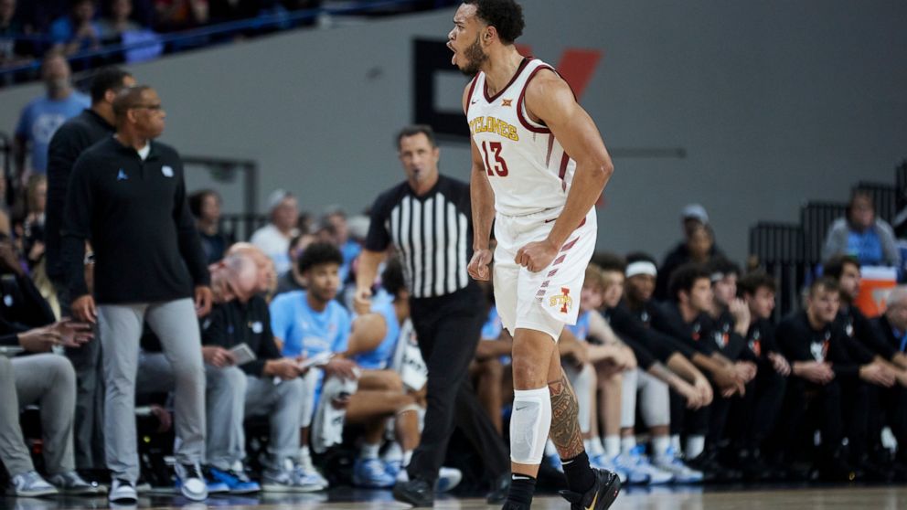 Iowa State guard Jaren Holmes reacts after scoring against North Carolina during the first half of an NCAA college basketball game in the Phil Knight Invitational tournament in Portland, Ore., Friday, Nov. 25, 2022. (AP Photo/Craig Mitchelldyer)