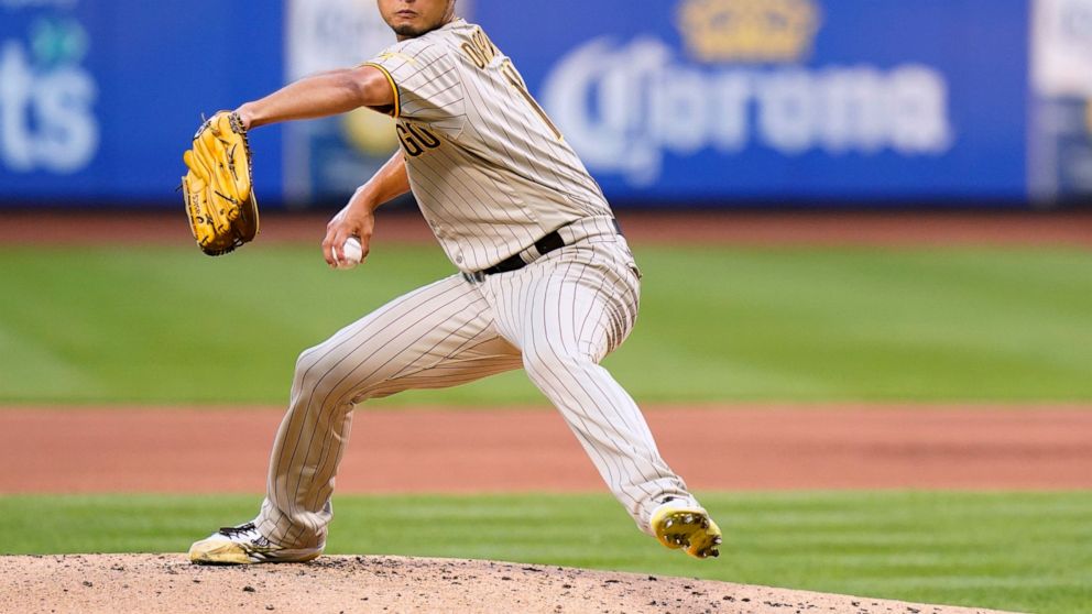 San Diego Padres' Yu Darvish, of Japan, during the first inning of a baseball game against the New York Mets Friday, July 22, 2022, in New York. (AP Photo/Frank Franklin II)