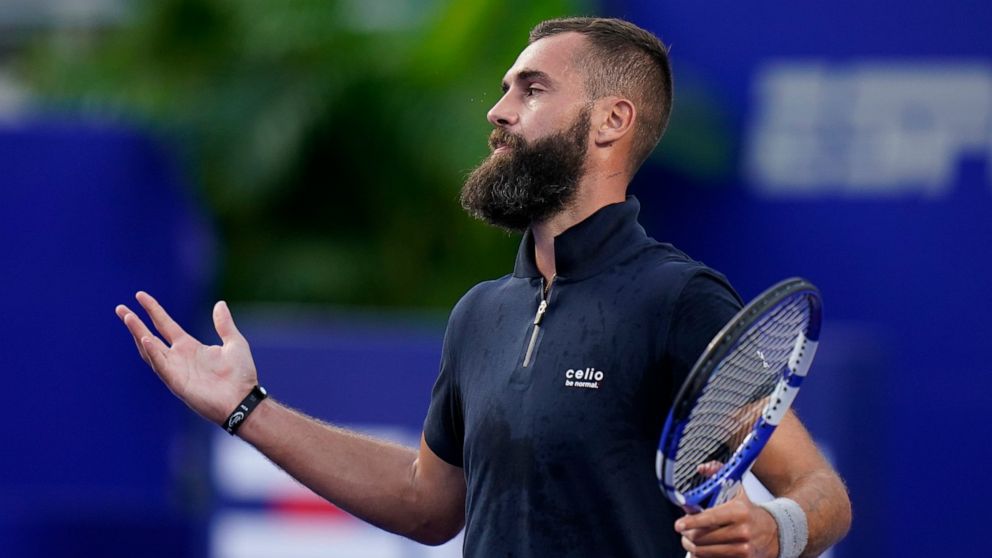 Benoit Paire of France gesture during a match against to Daniil Medvedev of Russia at the Mexican Open tennis tournament in Acapulco, Mexico, Tuesday, Feb. 22, 2022. (AP Photo/Eduardo Verdugo)