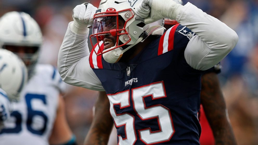 New England Patriots linebacker Josh Uche (55) celebrates after sacking Indianapolis Colts quarterback Sam Ehlinger in the first half of an NFL football game, Sunday, Nov. 6, 2022, in Foxborough, Mass. (AP Photo/Michael Dwyer)
