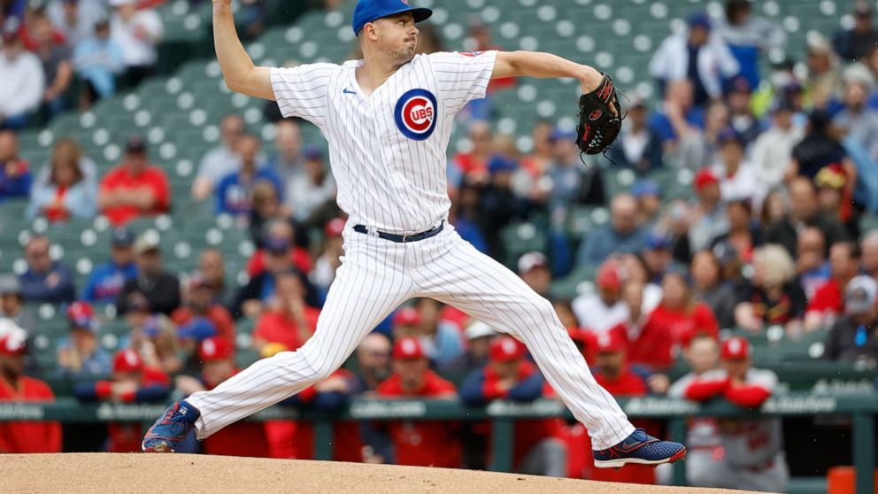 Chicago Cubs starting pitcher Matt Swarmer delivers against the St. Louis Cardinals during the first inning of the first baseball game of a doubleheader, Saturday, June 4, 2022, in Chicago. (AP Photo/Kamil Krzaczynski)
