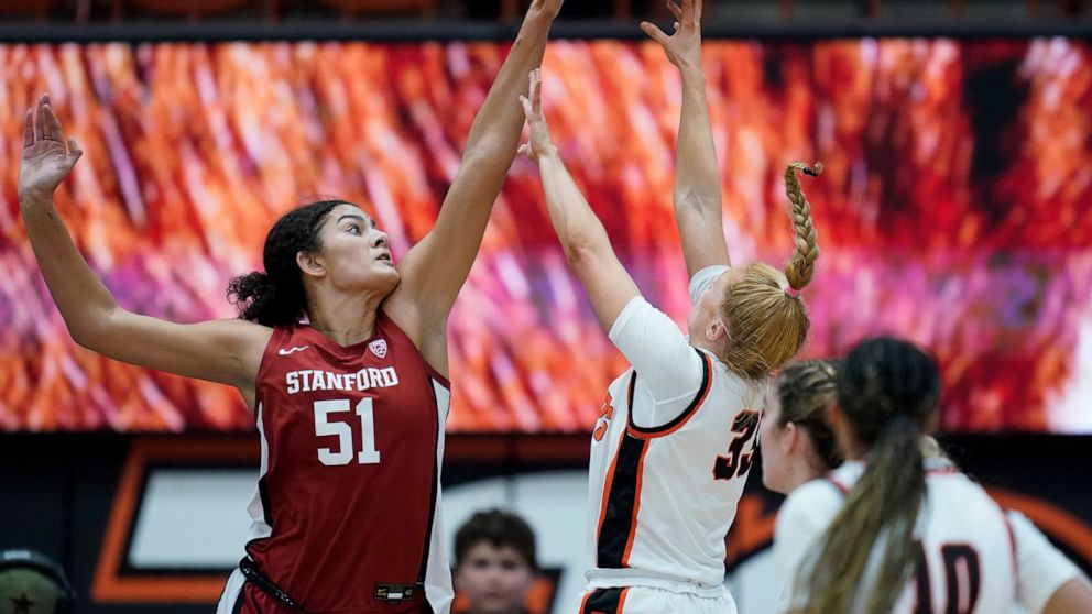 Stanford center Lauren Betts (51) blocks a shot by Pacific forward Madelene Ennis (33) during the second half of an NCAA college basketball game in Stockton, Calif., Friday, Nov. 11, 2022. (AP Photo/Godofredo A. Vásquez)