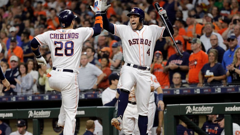 Houston Astros' Robinson Chirinos (28) celebrates with George Springer (4) after hitting a two-run home run against the Oakland Athletics during the first inning of a baseball game Monday, Sept. 9, 2019, in Houston. (AP Photo/David J. Phillip)