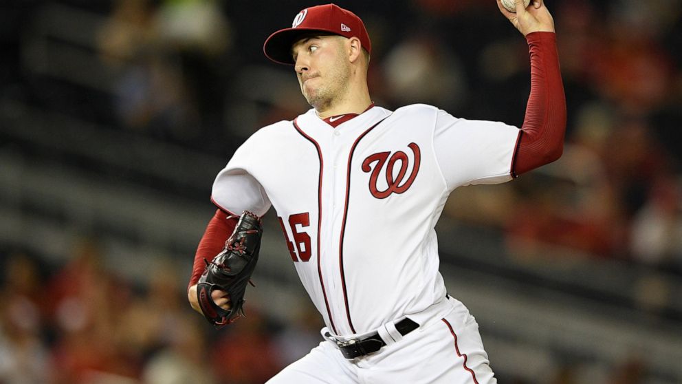 Washington Nationals starting pitcher Patrick Corbin delivers a pitch during the third inning of a baseball game against the Philadelphia Phillies, Monday, Sept. 23, 2019, in Washington. (AP Photo/Nick Wass)