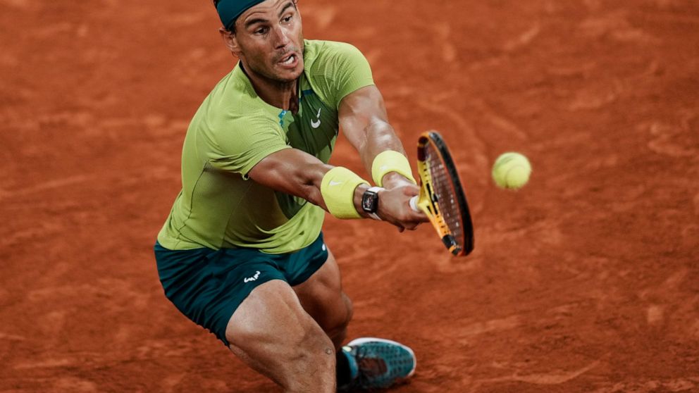 Spain's Rafael Nadal plays a shot against Germany's Alexander Zverev during their semifinal match at the French Open tennis tournament in Roland Garros stadium in Paris, France, Friday, June 3, 2022. (AP Photo/Thibault Camus)