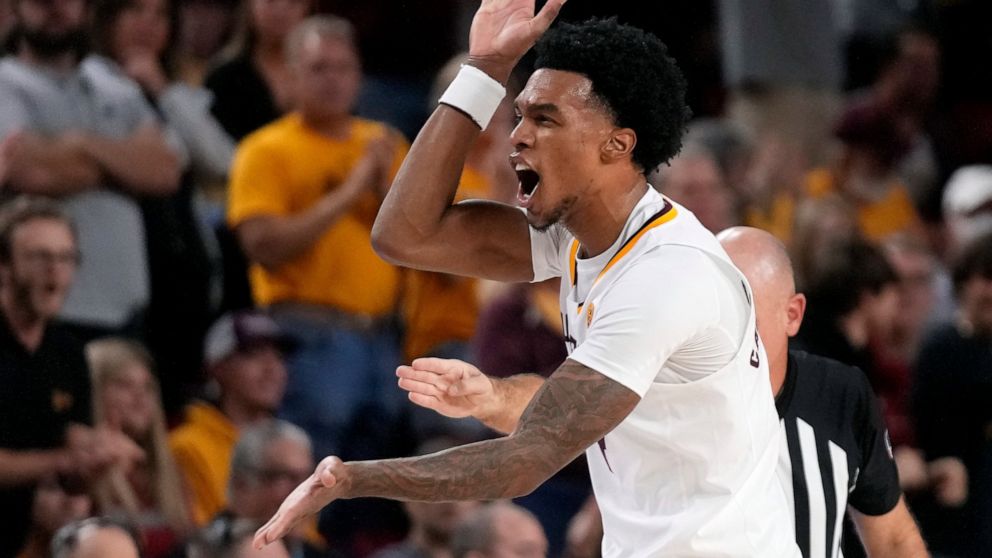 Arizona State guard Desmond Cambridge Jr. celebrates a turnover by Stanford during the second half of an NCAA college basketball game in Tempe, Ariz, Sunday, Dec. 4, 2022. (AP Photo/Ross D. Franklin)