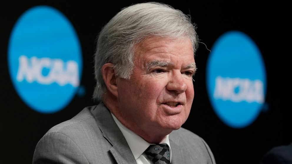 FILE - NCAA President Mark Emmert speaks at a news conference at the Target Center, site of of the Women's Final Four NCAA college basketball tournament, March 30, 2022, in Minneapolis. Emmert had some advice for his replacement in his first public a