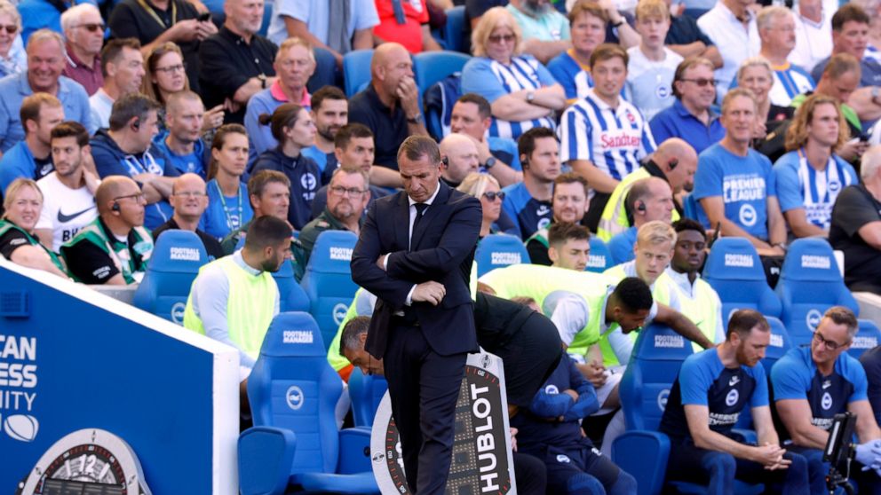 Leicester City manager Brendan Rodgers on the touchline during the English Premier League soccer match between Brighton & Hove Albion and Leicester City at The Amex Stadium, Brighton, England, Sunday, Sept. 4, 2022. (Steven Paston/PA via AP)