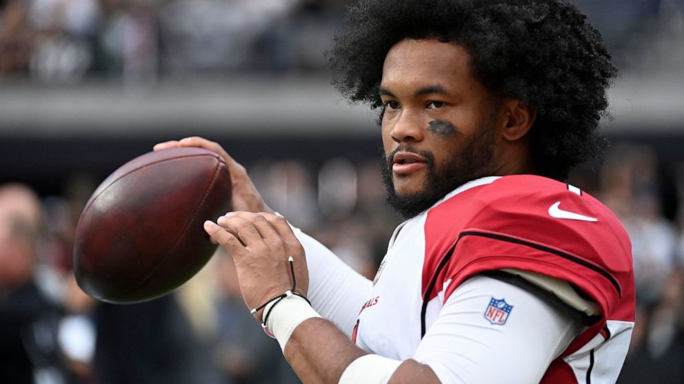FILE - Arizona Cardinals quarterback Kyler Murray warms up on the sideline during the first half of an NFL football game against the Las Vegas Raiders Sunday, Sept. 18, 2022, in Las Vegas. Police in Las Vegas say they're investigating allegations tha