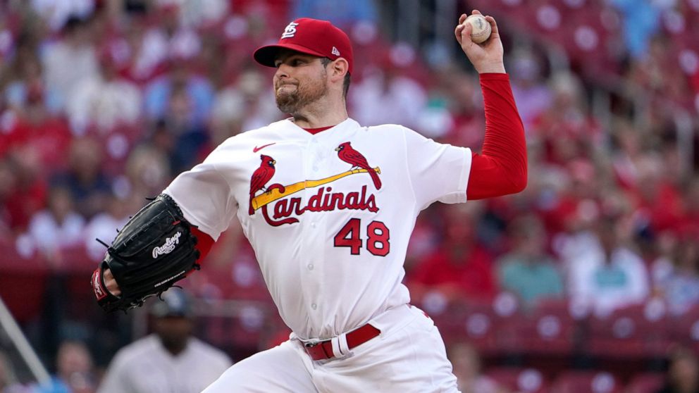 St. Louis Cardinals starting pitcher Jordan Montgomery throws during the first inning of a baseball game against the Colorado Rockies Wednesday, Aug. 17, 2022, in St. Louis. (AP Photo/Jeff Roberson)