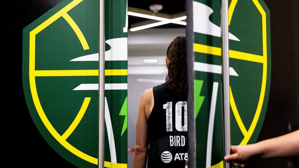 Seattle Storm guard Sue Bird (10) walks into the locker room after playing her final game, a Storm loss to the Las Vegas Aces in a WNBA basketball playoff semifinal, Tuesday, Sept. 6, 2022, in Seattle. (AP Photo/Lindsey Wasson)