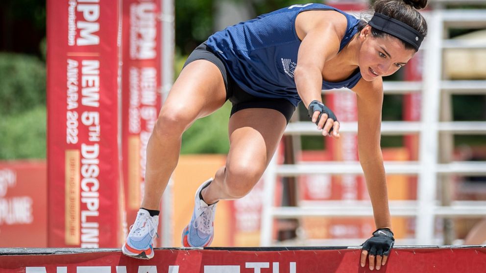 This photo provided by the Union Internationale de Pentathlon Moderne shows Sophie Hernandez competing at a test event in Ankara, Turkey on June 28, 2022. As it stands now, modern pentathlon — a sport in the Olympics for more than 100 years — would b
