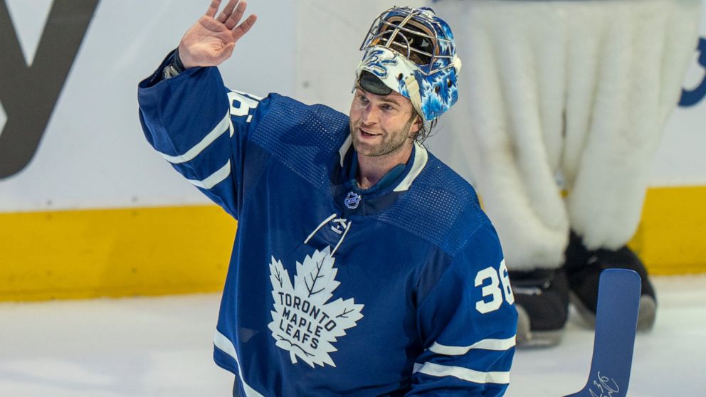 Toronto Maple Leafs goaltender Jack Campbell (36) waves to the crowd after being voted the first star after a shutout performance in a 5-0 win over the Tampa Bay Lightning in Game 1 of an NHL hockey Stanley Cup first-round playoff series, Monday, May