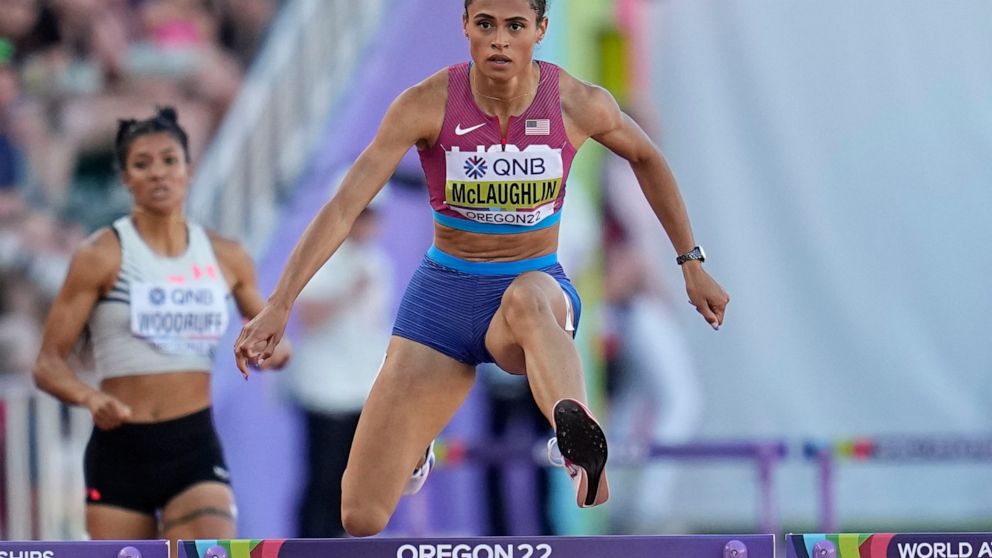 Sydney Mclaughlin, of the United States, wins in the semifinal of the women's 400-meter hurdles at the World Athletics Championships on Wednesday, July 20, 2022, in Eugene, Ore. (AP Photo/Ashley Landis)