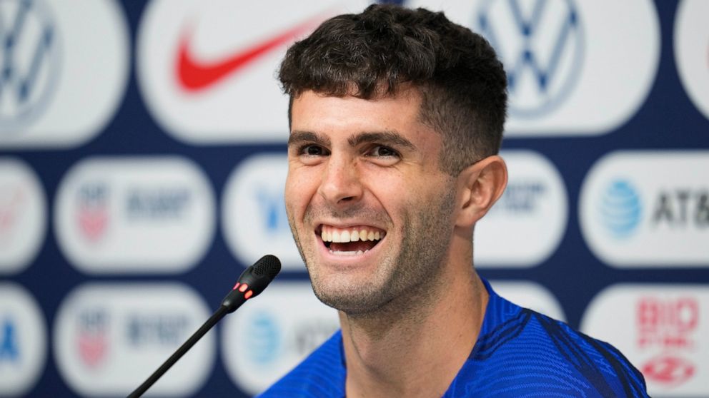 Christian Pulisic of the United States attends a press conference before a training session at Al-Gharafa SC Stadium, in Doha, Thursday, Dec. 1, 2022. (AP Photo/Ashley Landis)
