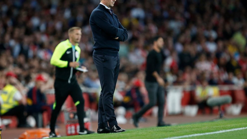 Aston Villa's head coach Steven Gerrard watches the English Premier League soccer match between Arsenal and Aston Villa at the Emirates Stadium in London, Wednesday, Aug. 31, 2022. (AP Photo/David Cliff)