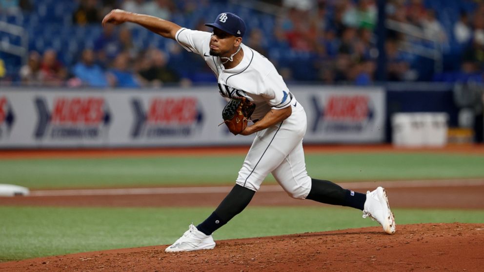 Tampa Bay Rays starting pitcher Luis Patino throws to a Kansas City Royals batter during the third inning of a baseball game Thursday, Aug. 18, 2022, in St. Petersburg, Fla. (AP Photo/Scott Audette)