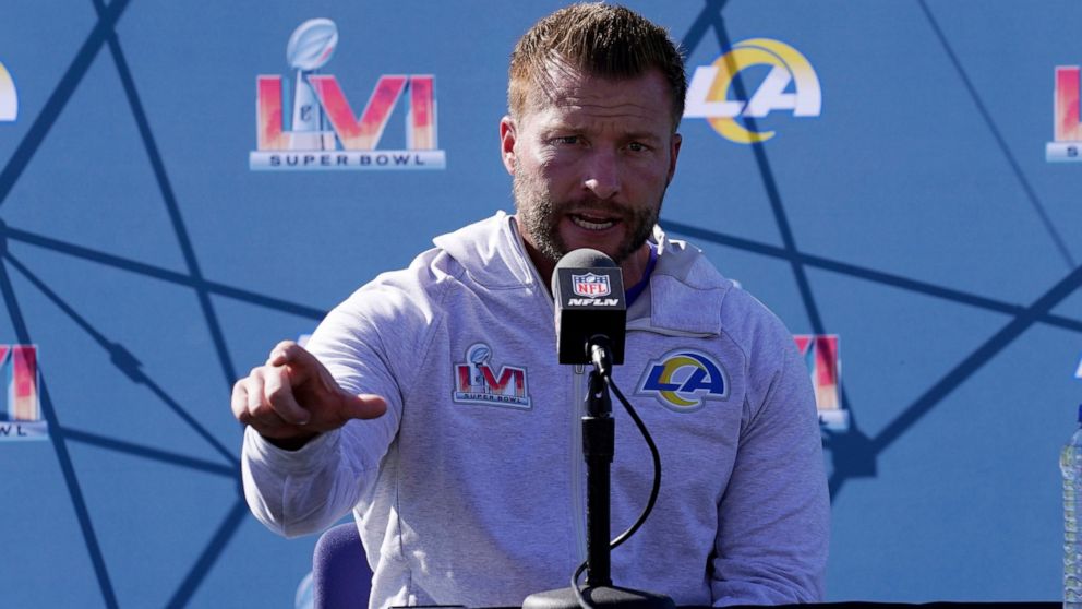 Los Angeles Rams head coach Sean McVay speaks during a media availability for an NFL Super Bowl football game Friday, Feb. 11, 2022, in Thousand Oaks, Calif. The Rams are scheduled to play the Cincinnati Bengals in the Super Bowl on Sunday. (AP Photo