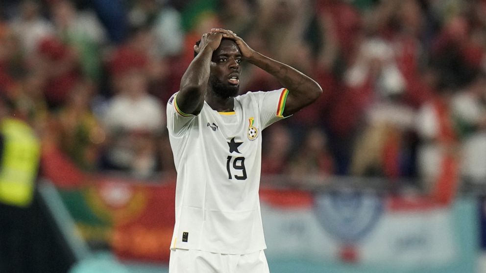 Ghana's Inaki Williams gestures at the end of the World Cup group H soccer match between Portugal and Ghana, at the Stadium 974 in Doha, Qatar, Thursday, Nov. 24, 2022. (AP Photo/Hassan Ammar)