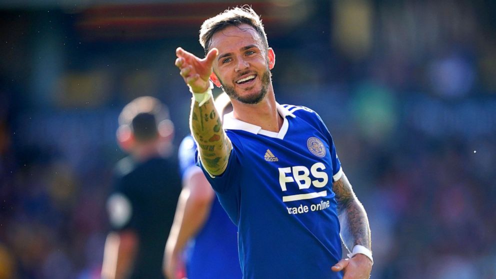 Leicester City's James Maddison celebrates scoring during the English Premier League soccer match between Wolverhampton Wanderers and Leicester City at the Molineux, Wolverhampton, England, Sunday Oct. 23, 2022. (Nick Potts/PA via AP)