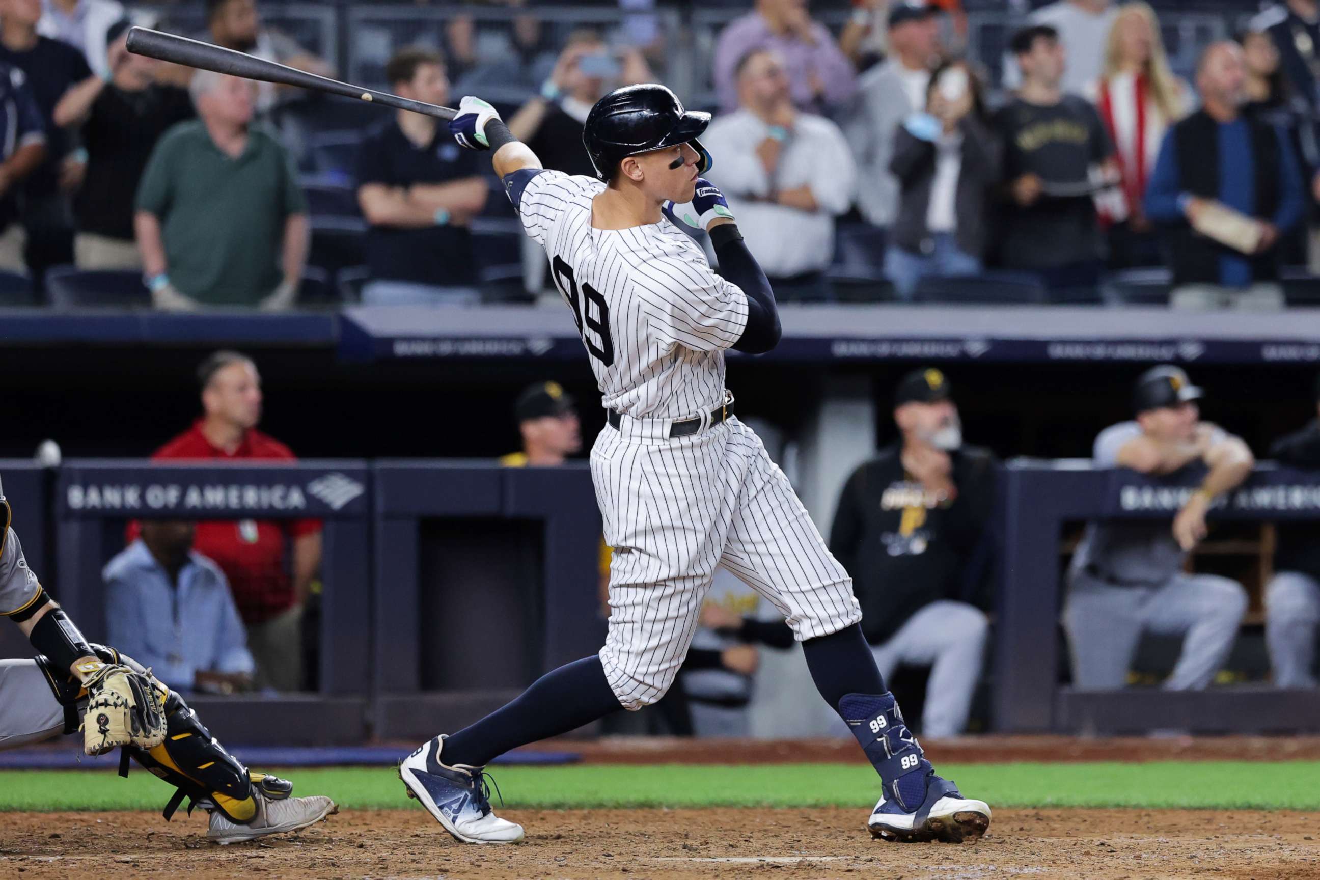 PHOTO: New York Yankees' Aaron Judge follows through on his 60th home run of the season, during the ninth inning of the team's baseball game against the Pittsburgh Pirates on Tuesday, Sept. 20, 2022, in New York.