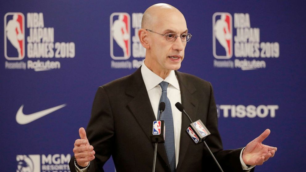PHOTO: NBA Commissioner Adam Silver speaks at a news conference before an NBA preseason basketball game between the Houston Rockets and the Toronto Raptors, Oct. 8, 2019, in Saitama, near Tokyo.