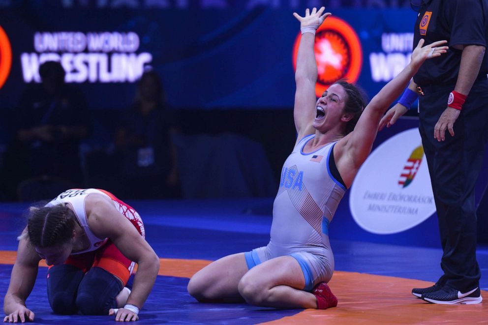 PHOTO: Adeline Gray of the USA celebrates her win against Yasemin Adar of Turkey, a gold medal match in the women's freestyle wrestling 76kg category at the World Wrestling Championships in Papp Laszlo Arena, in Budapest, Hungary, on Oct. 24, 2018.