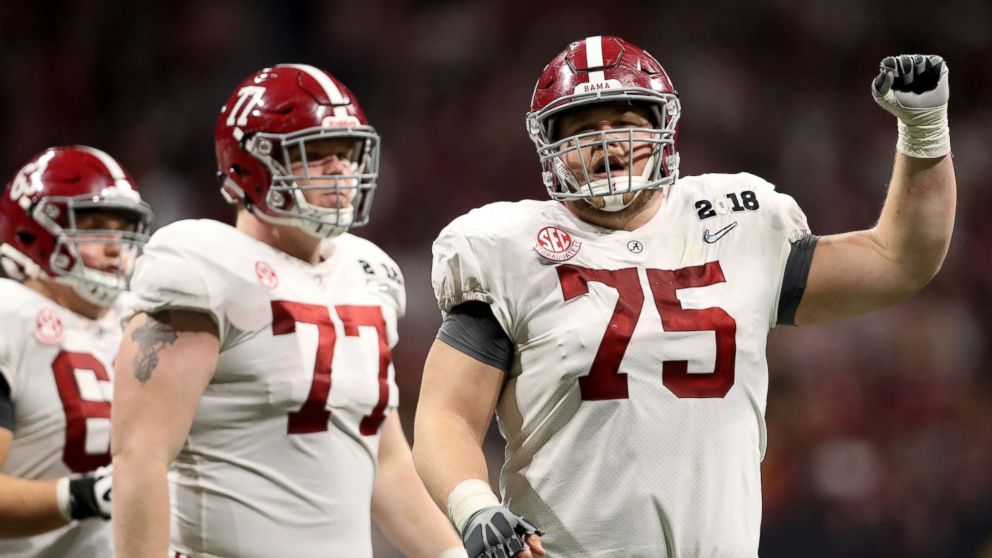 PHOTO: Bradley Bozeman of the Alabama Crimson Tide celebrates the strart of the fourth quarter against the Georgia Bulldogs in the CFP National Championship presented by AT&T at Mercedes-Benz Stadium, Jan. 8, 2018, in Atlanta.
