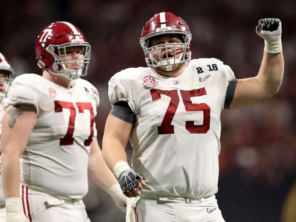 PHOTO: Bradley Bozeman of the Alabama Crimson Tide celebrates the strart of the fourth quarter against the Georgia Bulldogs in the CFP National Championship presented by AT&T at Mercedes-Benz Stadium, Jan. 8, 2018, in Atlanta.
