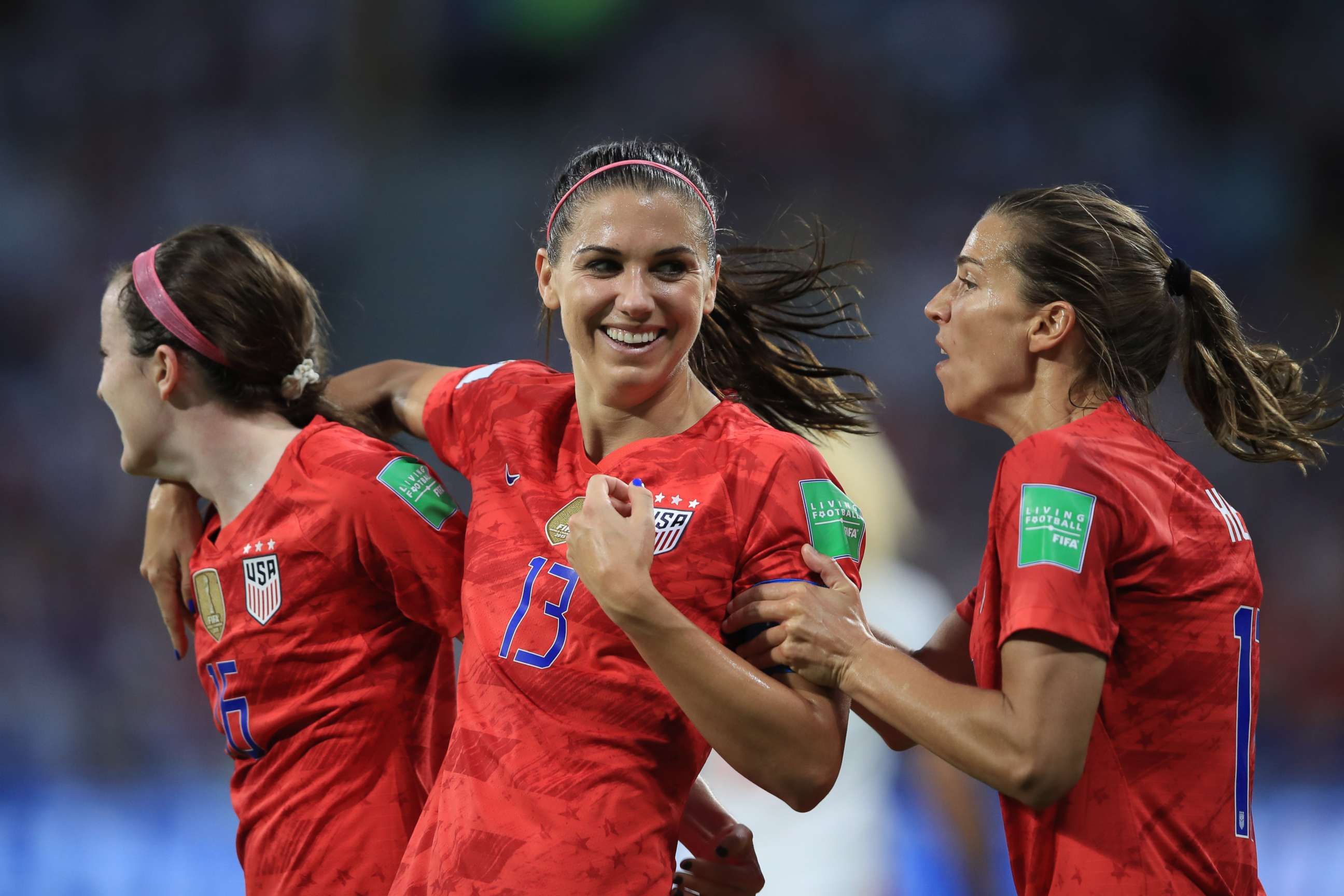 PHOTO: Alex Morgan of the United States celebrates scoring their 2nd goal during the 2019 FIFA Women's World Cup France Semi Final match between England and USA at Stade de Lyon on July 2, 2019, in Lyon, France.