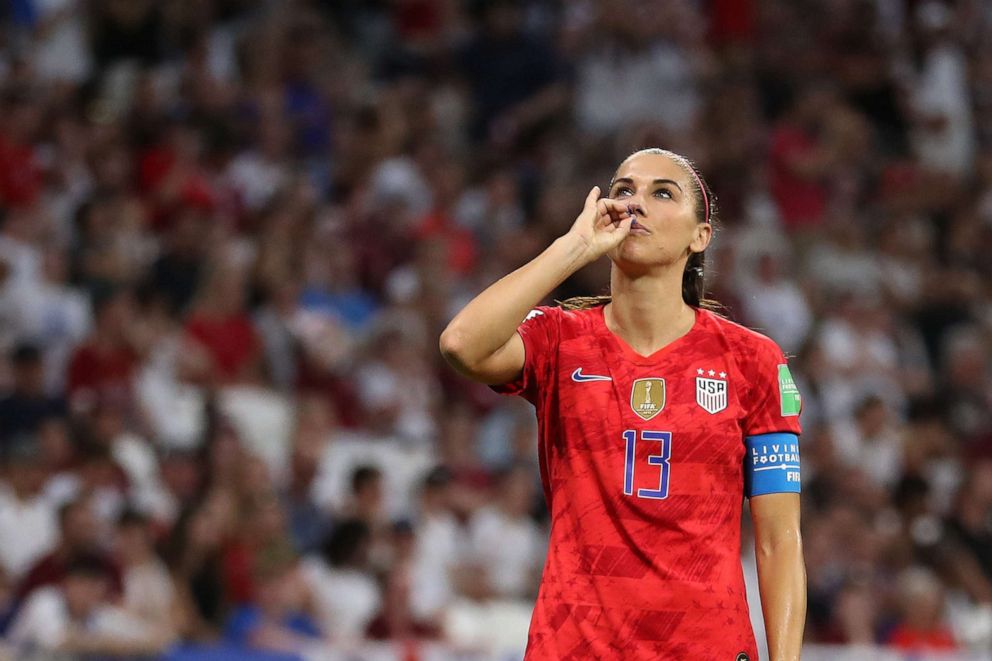 PHOTO: Alex Morgan of the United States celebrates after scoring her team's second goal during the 2019 FIFA Women's World Cup France Semi Final match between England and USA on July 02, 2019, in Lyon, France.