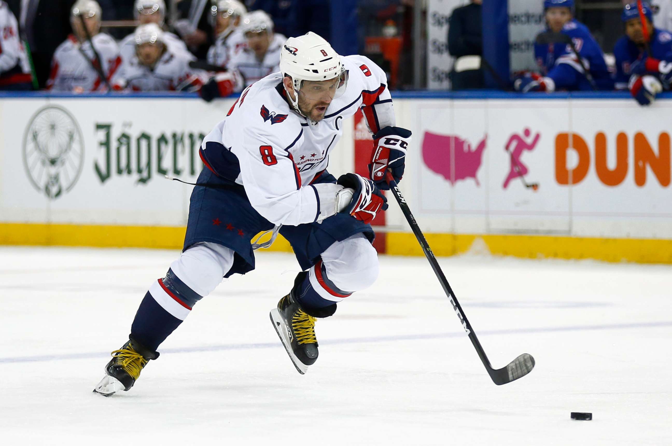 PHOTO: Washington Capitals' Alex Ovechkin skates with the puck on a breakaway during the third period of the team's NHL hockey game against the New York Rangers, Feb. 24, 2022, in New York.