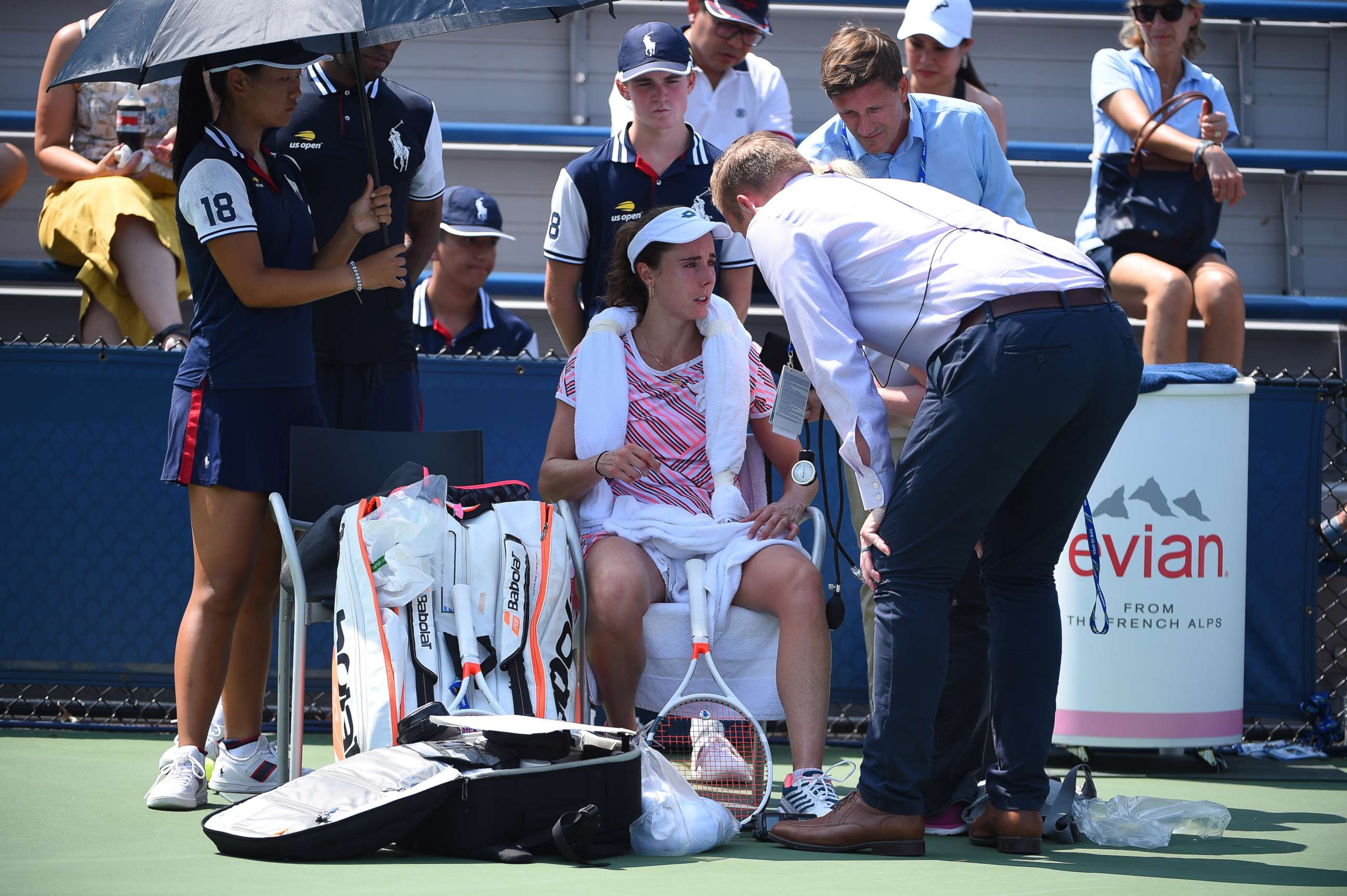 PHOTO: Alize Cornet sits during a break in her first round at the 2018 US Open at Billie Jean National Tennis Center in New York, Aug. 28, 2018.