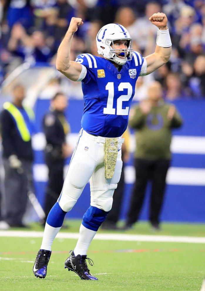 PHOTO: Andrew Luck of the Indianapolis Colts celebrates  against the Jacksonville Jaguars at Lucas Oil Stadium on Nov. 11, 2018 in Indianapolis, In.