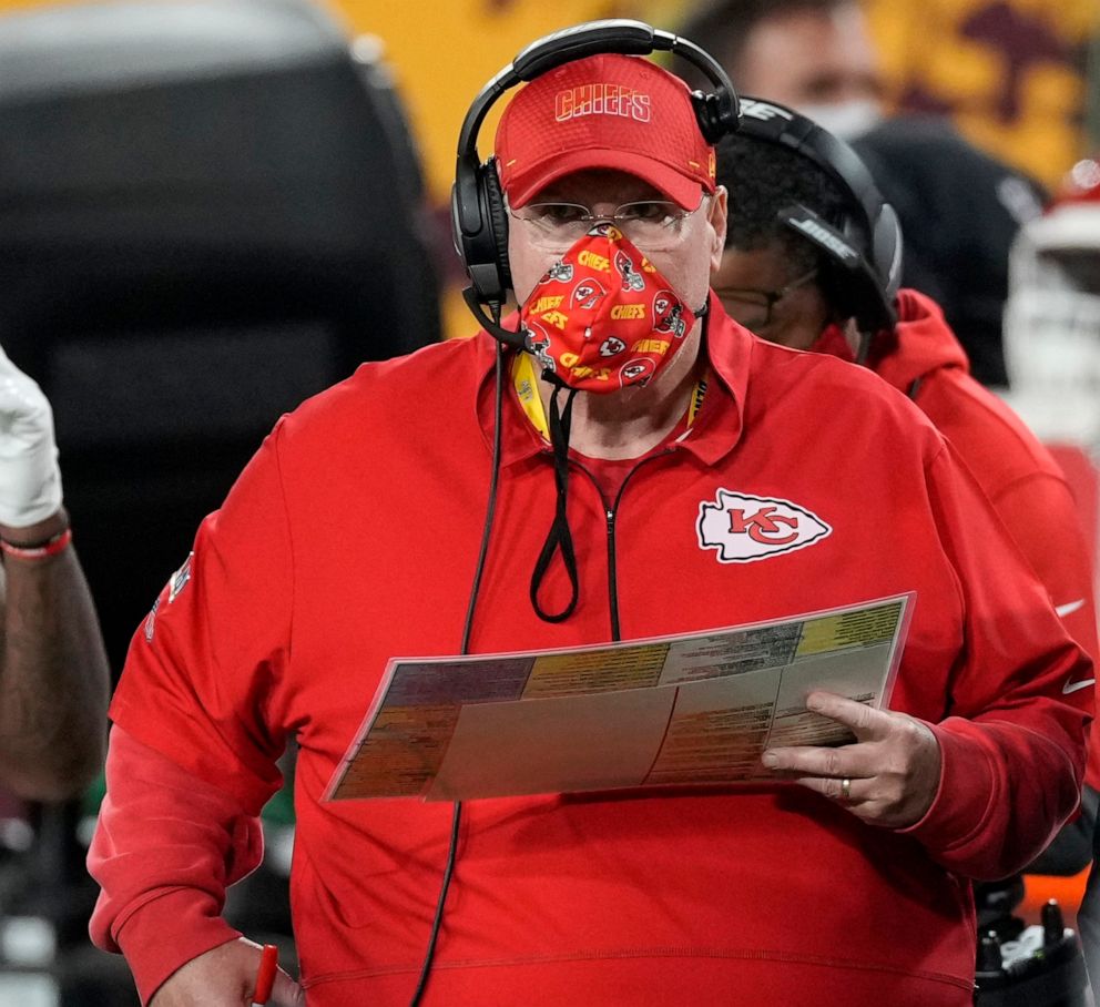 PHOTO: Kansas City Chiefs head coach Andy Reid watches from the sideline during the first half of the NFL Super Bowl 55 football game against the Tampa Bay Buccaneers, Feb. 7, 2021, in Tampa, Fla.