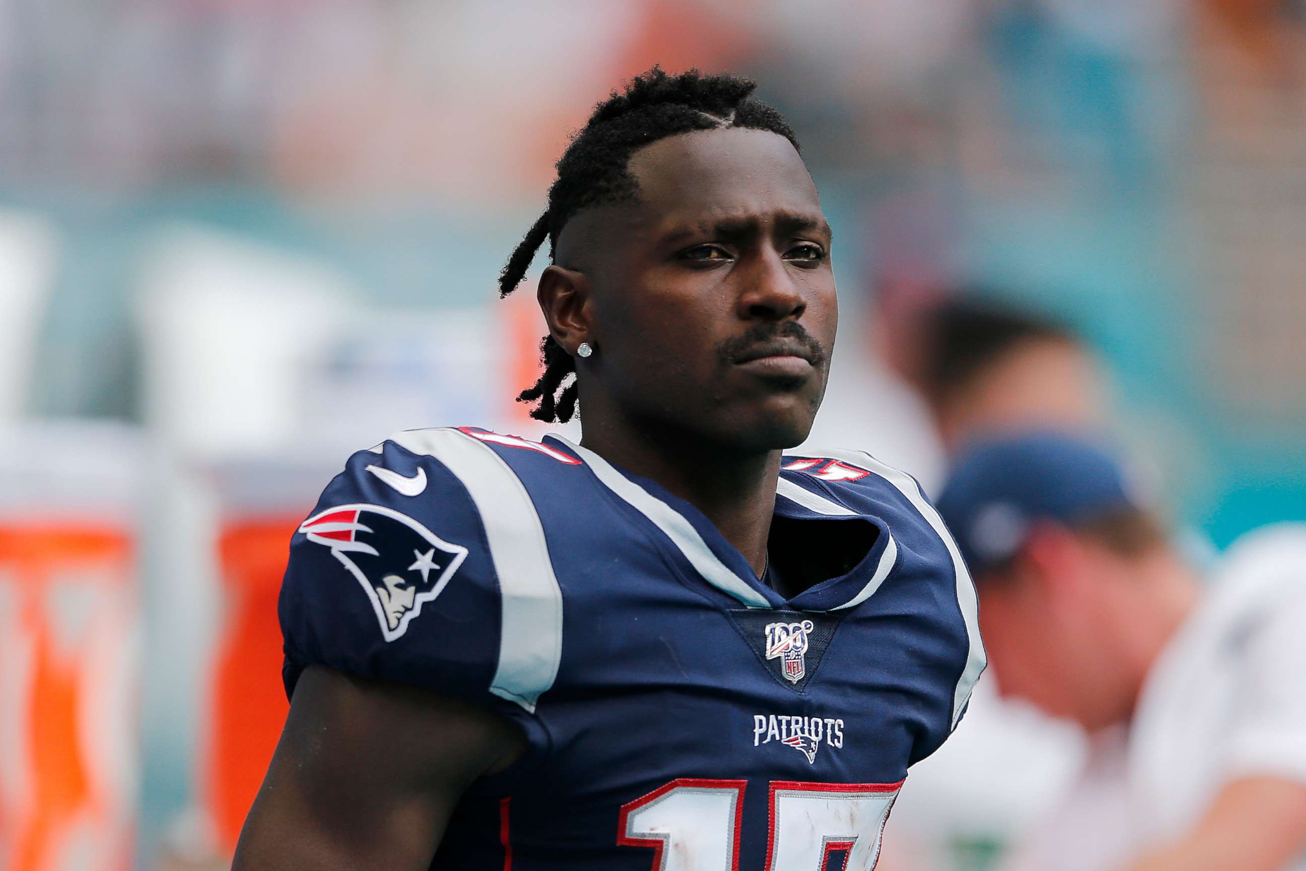 PHOTO: Antonio Brown of the New England Patriots looks on against the Miami Dolphins during the fourth quarter at Hard Rock Stadium on Sunday, Sept. 15, 2019, in Miami.