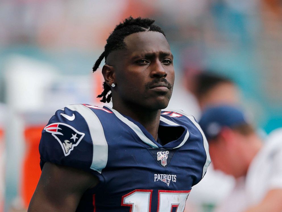 PHOTO: Antonio Brown of the New England Patriots looks on against the Miami Dolphins during the fourth quarter at Hard Rock Stadium on Sunday, Sept. 15, 2019, in Miami.