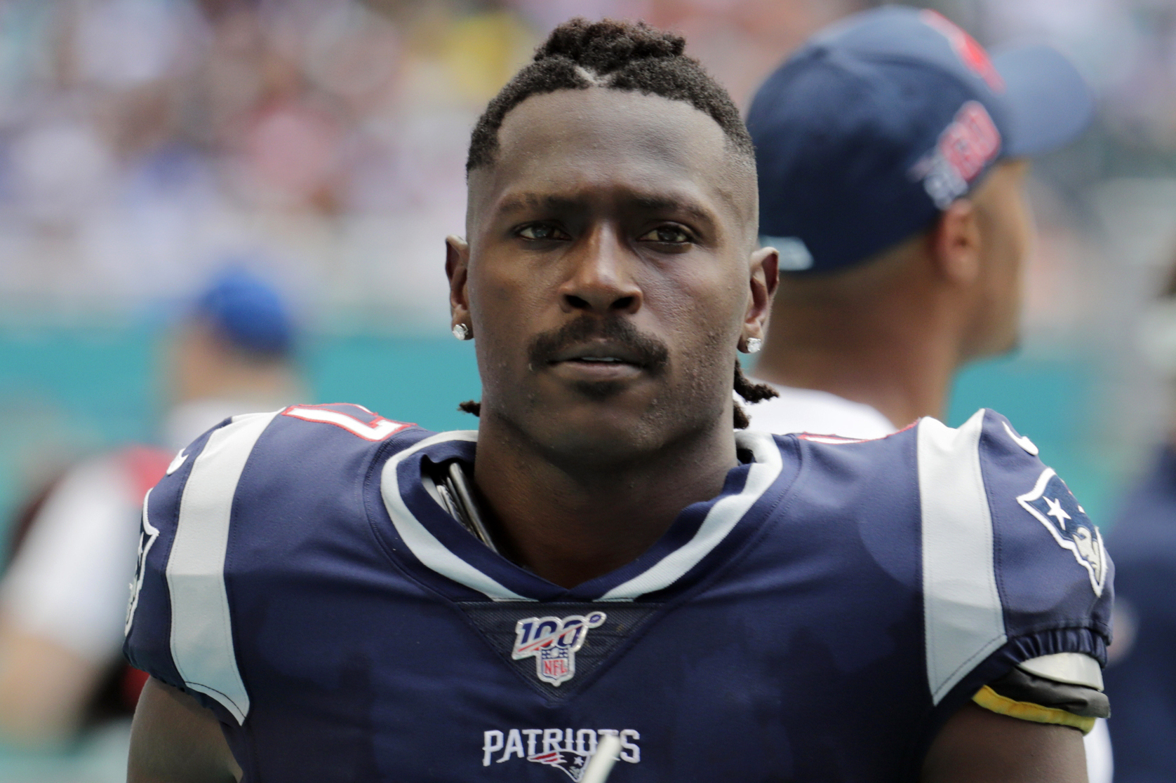 PHOTO: In this Sunday, Sept. 15, 2019, file photo, New England Patriots wide receiver Antonio Brown on the sidelines,during the first half at an NFL football game against the Miami Dolphins in Miami Gardens, Fla.