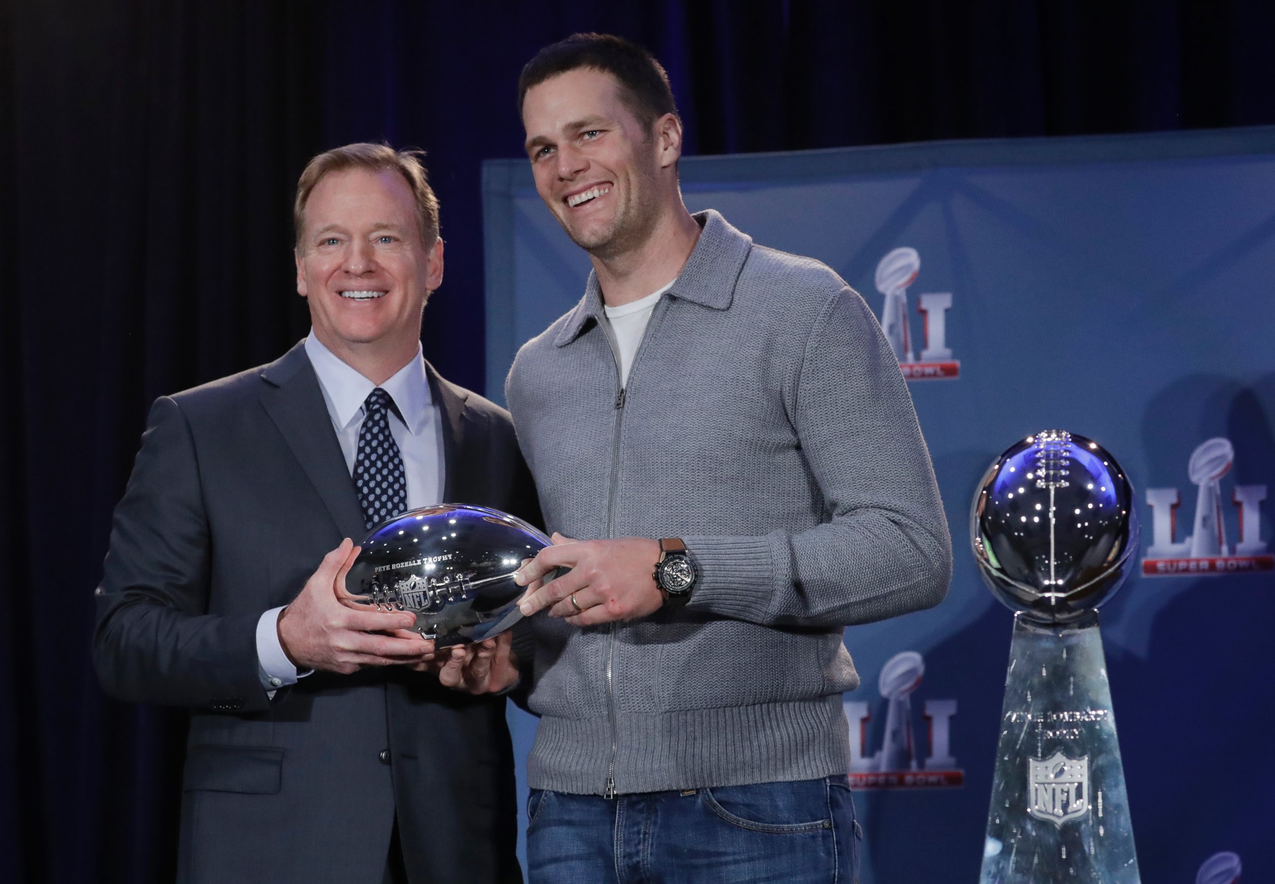 PHOTO: NFL commissioner Roger Goodell and New England Patriots quarterback Tom Brady pose with the MVP trophy during a news conference after the NFL Super Bowl 51 football game, Feb. 6, 2017, in Houston. Brady was named the MVP of Super Bowl 51. 