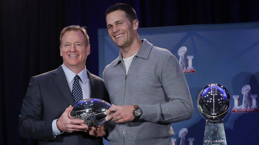 PHOTO: NFL commissioner Roger Goodell and New England Patriots quarterback Tom Brady pose with the MVP trophy during a news conference after the NFL Super Bowl 51 football game, Feb. 6, 2017, in Houston. Brady was named the MVP of Super Bowl 51. 
