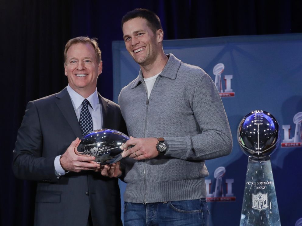 PHOTO: NFL commissioner Roger Goodell and New England Patriots quarterback Tom Brady pose with the MVP trophy during a news conference after the NFL Super Bowl 51 football game, Feb. 6, 2017, in Houston. Brady was named the MVP of Super Bowl 51.