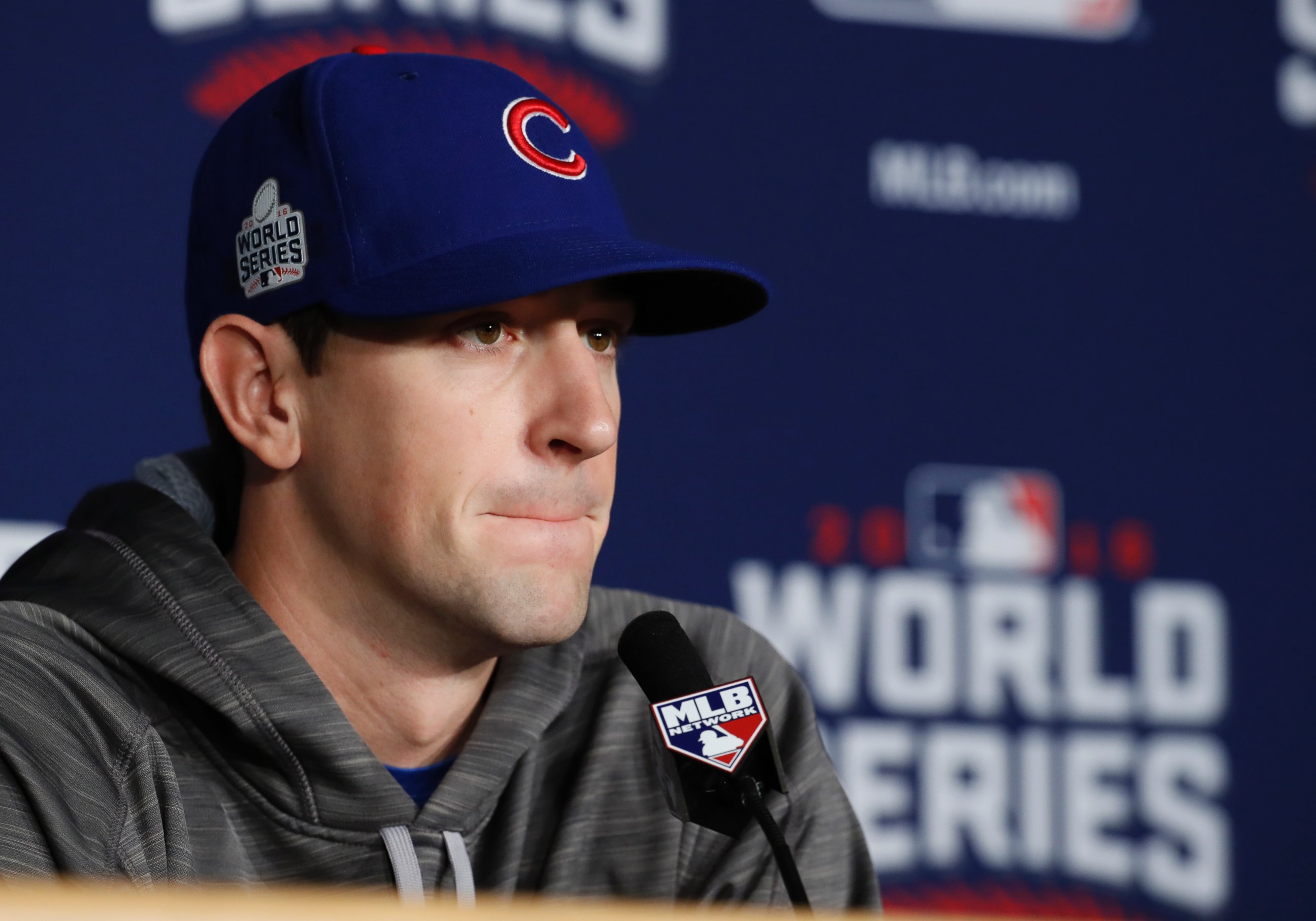PHOTO: Chicago Cubs' Kyle Hendricks answers questions before Game 6 of the Major League Baseball World Series against the Cleveland Indians, Nov. 1, 2016, in Cleveland. 
