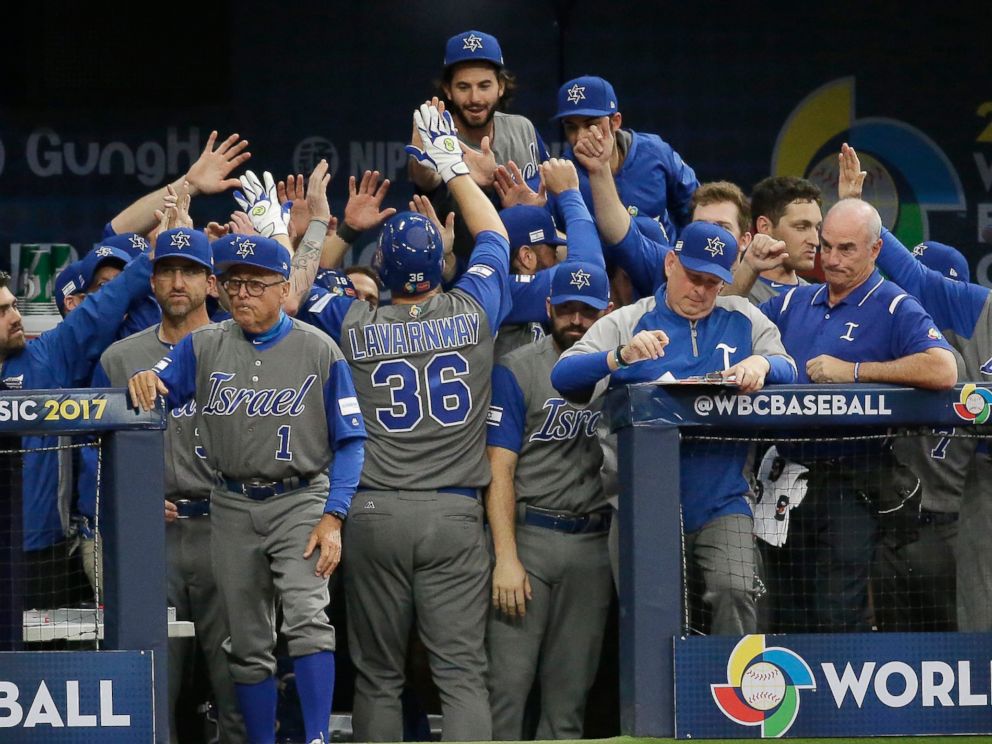 PHOTO: Israel's catcher Ryan Lavarnway celebrates with his teammates after hitting a two run homer against Taiwan's pitcher Chen Kuan Yu during their first round game of the World Baseball Classic at Gocheok Sky Dome in Seoul, South Korea, March 7, 2017.
