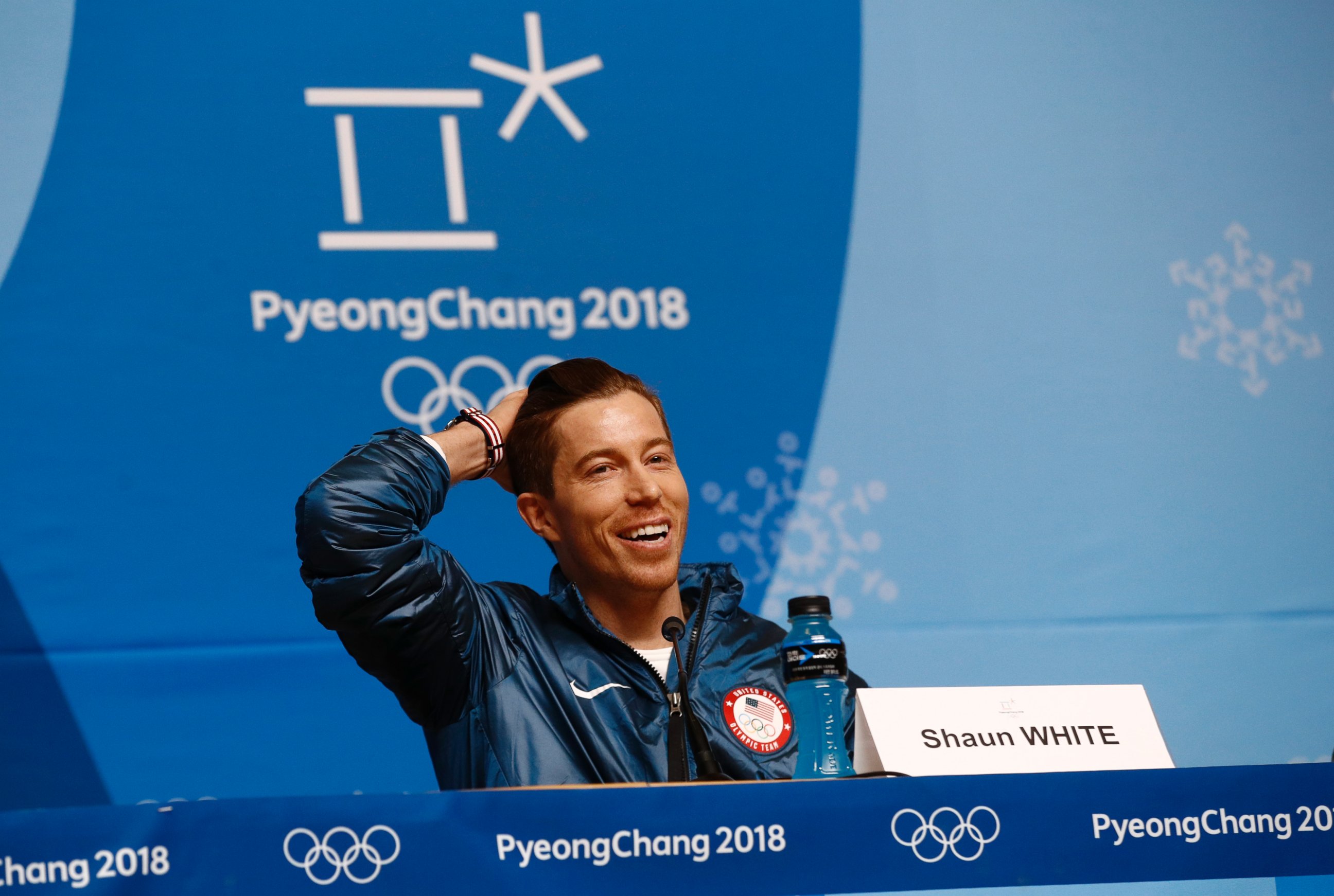 Shaun White speaks at a news conference at the 2018 Winter Olympics in Pyeongchang, South Korea, Wednesday, Feb. 14, 2018.