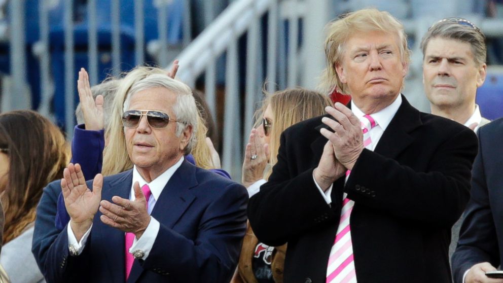 PHOTO: New England Patriots owner Robert Kraft, left, and businessman Donald Trump, right, applaud on the field before an NFL football game between the Patriots and the New York Jets in Foxborough, Massachusetts, Oct. 21, 2012.