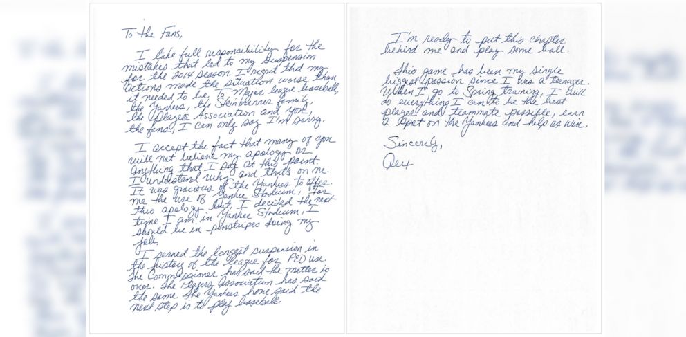 PHOTO: This image issued by New York Yankees' Alex Rodriguez shows a two-page handwritten apology issued on Feb. 17, 2015, three days before the team opens spring training, addressed "to the fans."